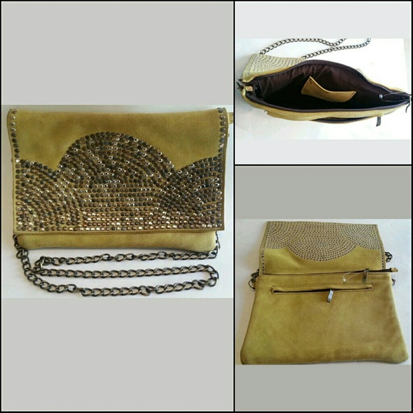 Rare Studded SUEDE Leather CLUTCH Purse Chain Bag VINTAGE BoHo Statement FALL - Picture 5 of 8